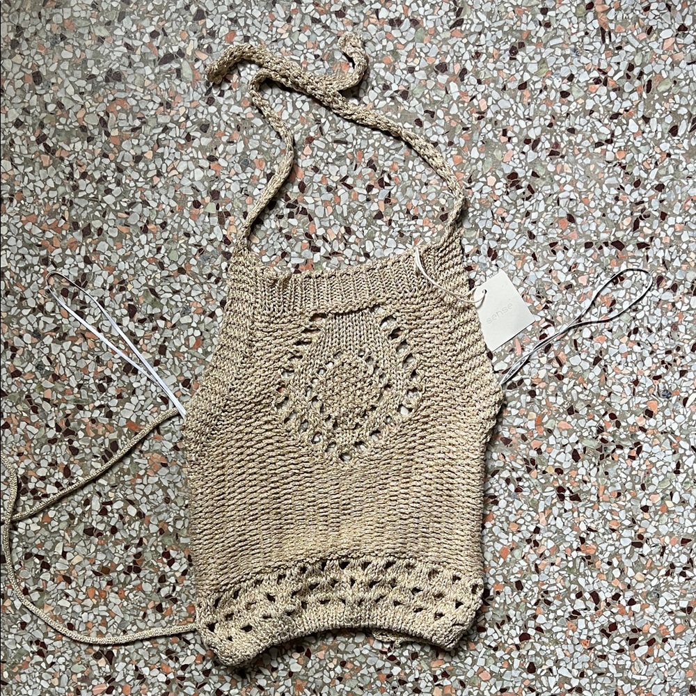 Handcrafted Sparkle Gold Beige Knit Halter Top